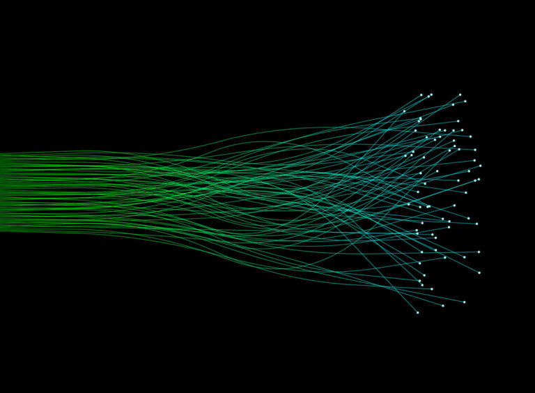 Bundle of green glass communication fibers fanning out to the right, each terminating in a glowing white light
